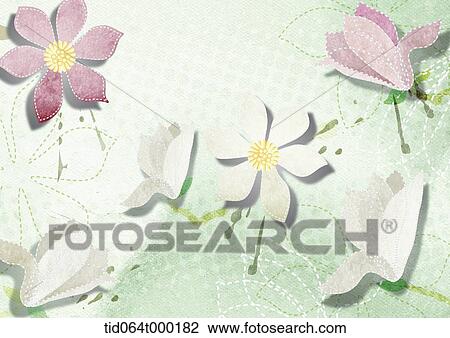 Drawing - illustration of white and pink flowers in green background. Fotosearch