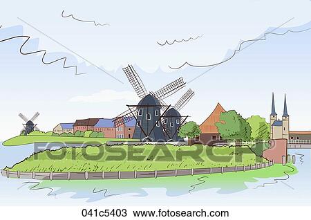 illustration of windmills in Netherland View Large Illustration Drawing - illustration of windmills in Netherland. Fotosearch