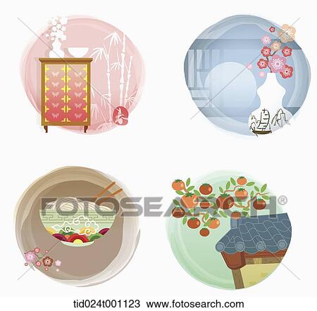 Drawing - illustrations related to Korean Chuseok. Fotosearch