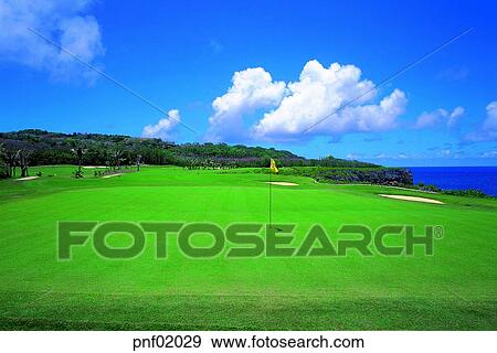 Stock Photo - field, golf, hole, flag, lawn, outside. Fotosearch
