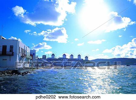 Stock Image - Greece, Santorini, Aegean Sea, sea, wilmill, building, house. Fotosearch