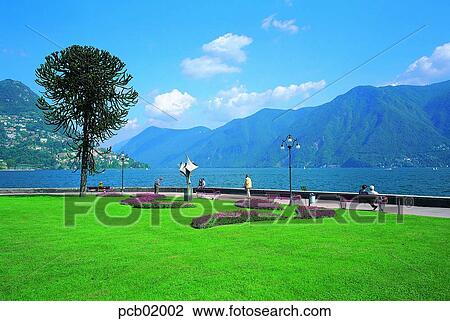 Stock Image - park, lawn, tree, mountain, river, lake, person. Fotosearch