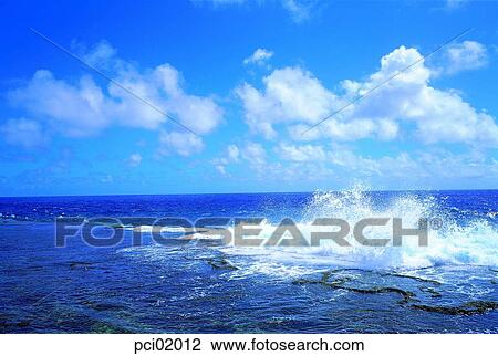 Stock Image - wave, sea, cloud, landscape, outside, noon. Fotosearch