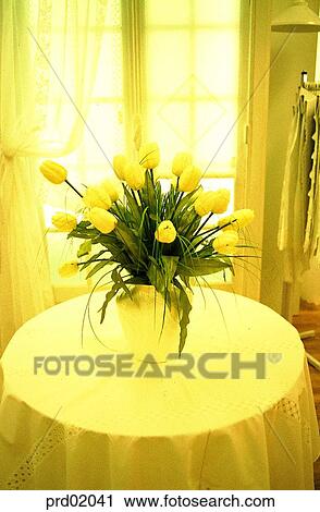 Stock Image - tulip, vase, flower, table, curtain, window, tablecloth. Fotosearch