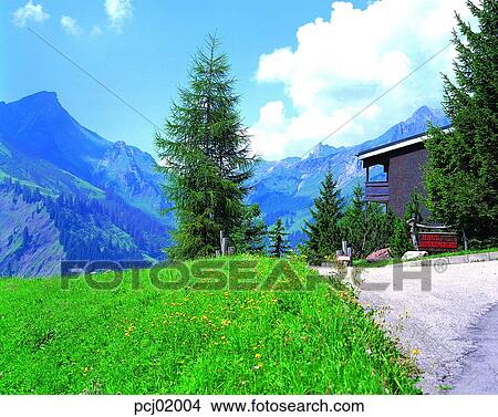 mountain, house, tree, sky, cloud, nature, landscape View Large Photo Image Picture - mountain, house, tree, sky, cloud, nature, landscape. Fotosearch
