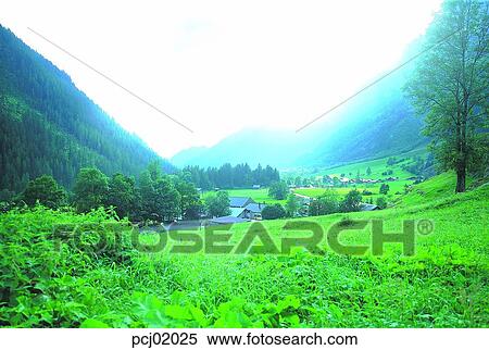 Stock Photography - village, house, mountain, valley, landscape, nature, noon. Fotosearch