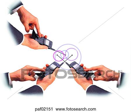 Stock Image - two hands, hands, mobile phone, telephone, phone, hand. Fotosearch