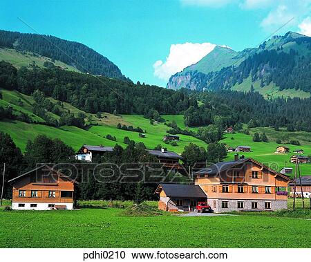 Stock Image - farms, fieldshouse, house, residence, house, Warped, FarmVillage. Fotosearch
