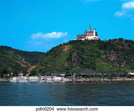 Picture - Rhein river, excursion ship, castle, hill, riverside, river, mountain. Fotosearch