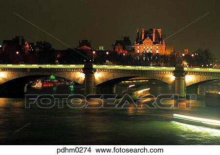 SeineRiver, river, excursion ship, boat, bridge, neon, NightView View Large Photo Image Picture - SeineRiver, river, excursion ship, boat, bridge, neon, NightView. Fotosearch