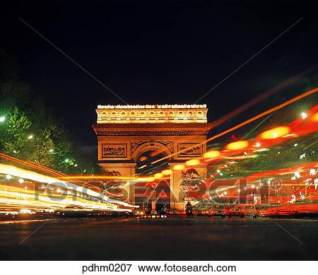 Stock Photo - TriumphalArch, Monument, car, Paris, street, street light, road. Fotosearch