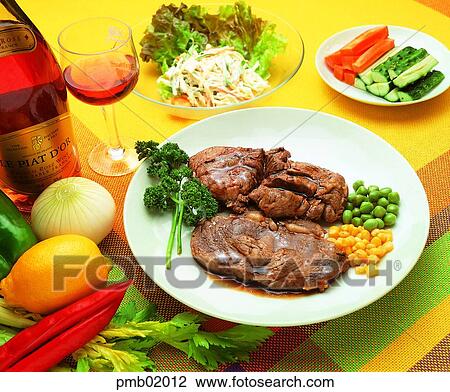 Stock Image - beefsteak, beef, steak, meat, meat, fruits, wine. Fotosearch