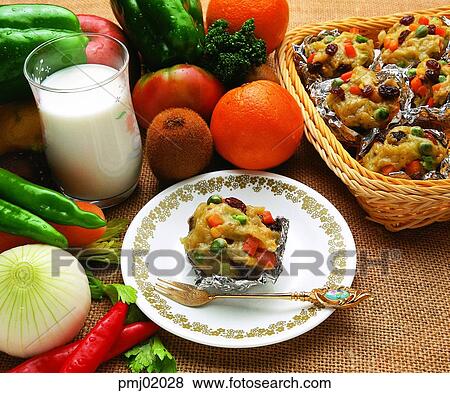 Stock Photo - bread, bread, milk, fruits, vegetables, fork, dessert. Fotosearch