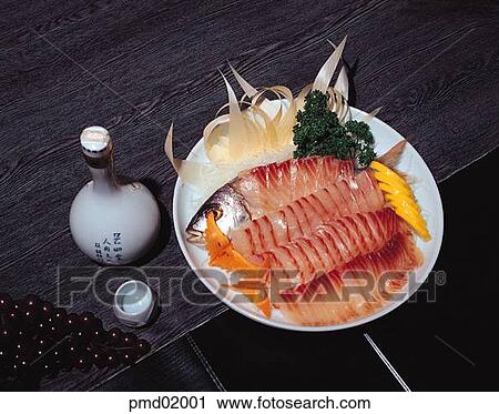 Stock Image - raw fish, fish, appetizer, liquor, food, dish, Japanese food. Fotosearch