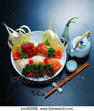 Stock Photograph - raw fish, fish, appetizer, liquor, chopsticks, food, dish. Fotosearch