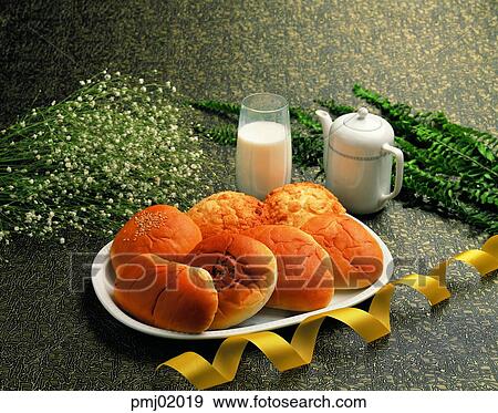 Stock Photo - red bean bread, bread, milk, drinks, beverage, fast food, dessert. Fotosearch