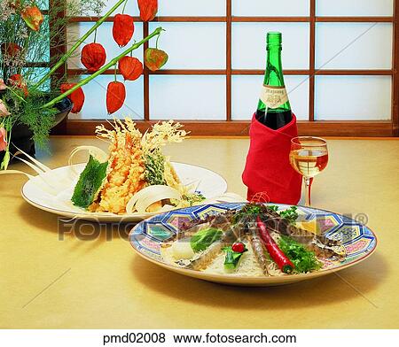 Stock Photo - shrimp, vegetablesfritters, marine products, fritters, wine, wineglass, liquor. Fotosearch
