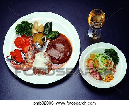 Stock Image - steak, meat, marine products, wine, liquor, western food. Fotosearch