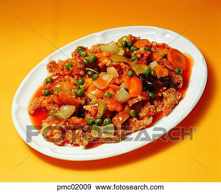 Stock Photo - sweet and sour pork, meat, fruits, source, fritters, oil, Chinese food. Fotosearch