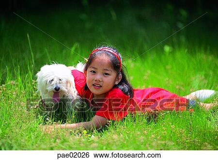 Stock Photograph - child, animal love, dog, animal, puppy, girl, human. Fotosearch
