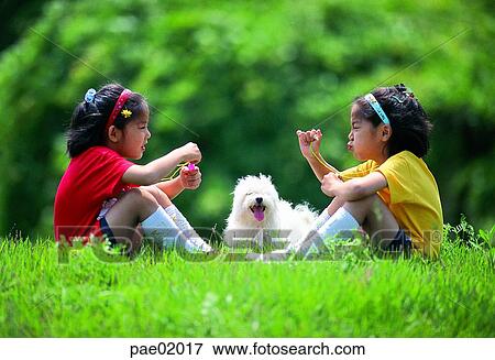Stock Photo - child, girl, animal, puppy, bubble. Fotosearch