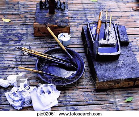 Stock Image - four precious things of the study, inkstone, Muk, brush, wrinting materials, Chinese ink water container, folk tool. Fotosearch