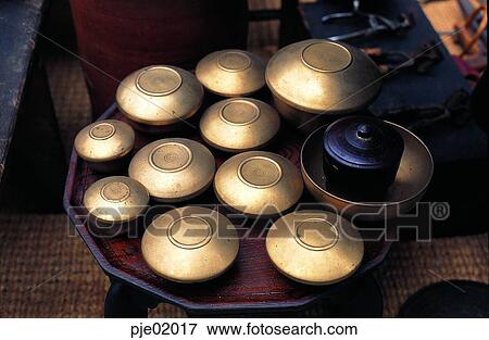 Stock Photo - tableware, side dish, dish, vessel, brass rice-bowl, store room for food supplies, pantry. Fotosearch