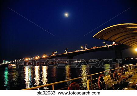 Stock Image - building, architecture, structure, bridge, bridge, night, ship. Fotosearch