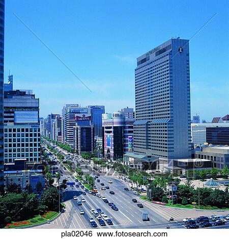 Stock Photograph - building, structure, higher stories, upper floors, high building, skyscraper, traffic. Fotosearch