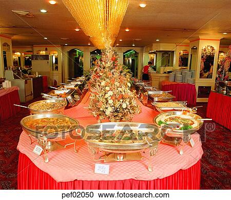 Stock Image - building, construction, Oriental, buffet, buffet, person, people. Fotosearch