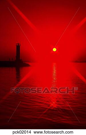 Picture - red sky, sunset, sunrise, lighthouse, beacon, sea, breakwater. Fotosearch