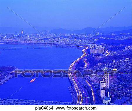 Picture - riverside road, riverside road, bridge, pier, bridge, traffic, transport. Fotosearch