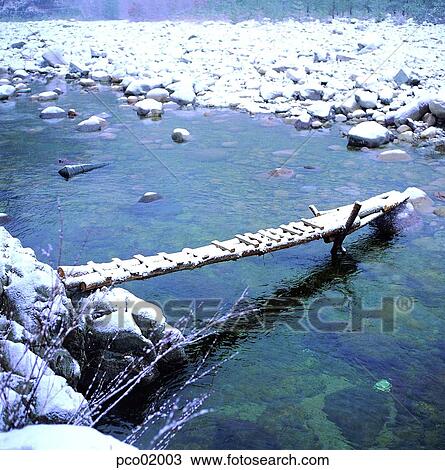 Stock Image - brook, little stream, bridge, winter, winter scenery, winter scene, winter view. Fotosearch