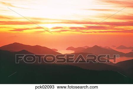cloud, red sky, sunset, sunrise, ridgeline, outline View Large Photo Image Stock Image - cloud, red sky, sunset, sunrise, ridgeline, outline. Fotosearch