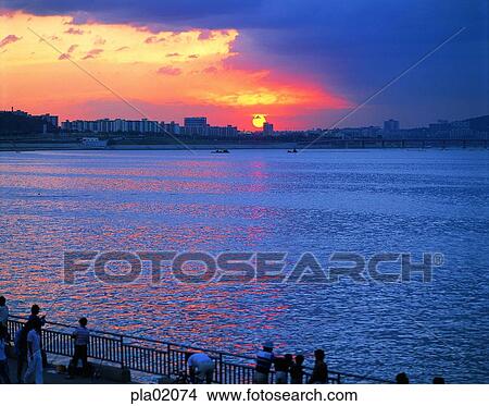 Picture - river, riverside, angler, rodster, Han river, Seoul, Korea. Fotosearch