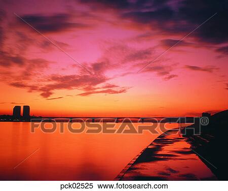 river, riverside, bridge, terrace land on the river, cloud, red sky, sunset View Large Photo Image Stock Photography - river, riverside, bridge, terrace land on the river, cloud, red sky, sunset. Fotosearch