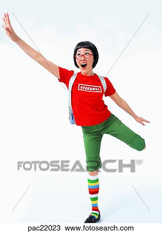 Stock Image - flying, Oriental, model, backpack, knapsack, backpack, knapsack. Fotosearch