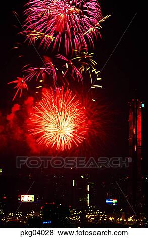 Stock Photo - National Liberation Day Celebrations, neon, city, night, flame, blaze, spark. Fotosearch