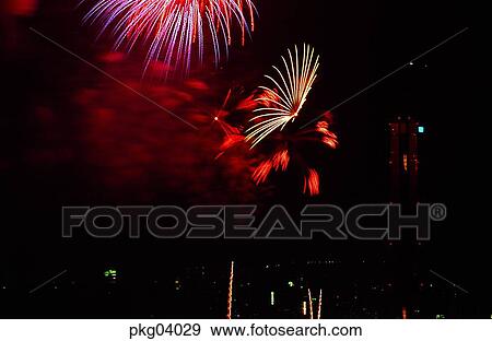 Stock Photo - National Liberation Day Celebrations, neon, city, night, flame, blaze, spark. Fotosearch