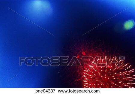 Stock Photo - night, flame, blaze, spark, fireworks display, sports. Fotosearch