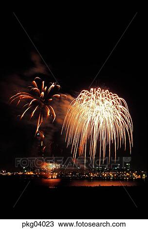 Stock Image - terrace land on the river, neon, city, night, flame, blaze, spark. Fotosearch