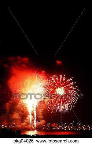 Stock Photograph - terrace land on the river, neon, city, night, flame, blaze, spark. Fotosearch