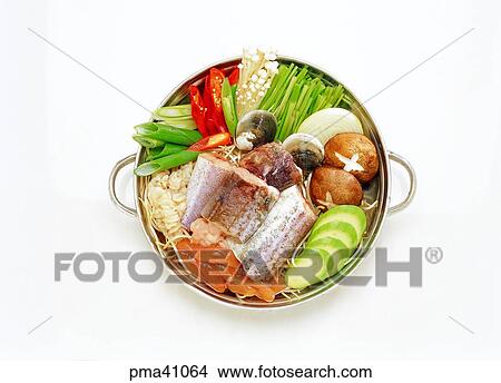 Picture - hot and spicy stew, hot and spicy soup, hot and spicy fish stew, fresh pollak, fresh pollak soup, fresh pollak stew. Fotosearch