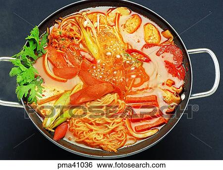 Stock Photograph - hot stew with some kinds of ham and vegetables, indoor, cook, cooking, food, dish. Fotosearch