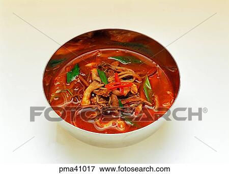Stock Photo - indoor, cook, cooking, soup of chopped beef with various vegetables, yukgaejang, soup of chopped beef with various vegetables. Fotosearch