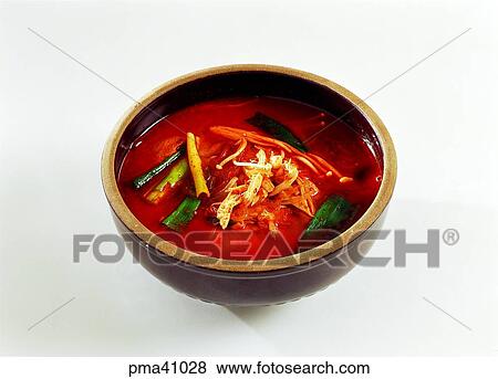 Stock Photo - indoor, cook, cooking, soup of chopped beef with various vegetables, yukgaejang, soup of chopped beef with various vegetables. Fotosearch