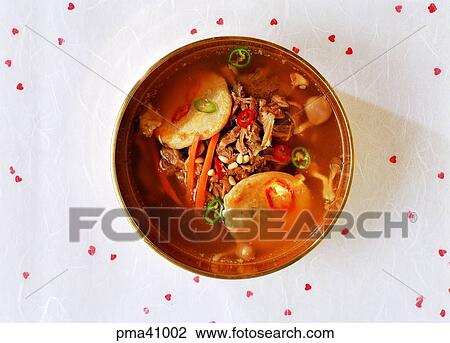 Stock Image - indoor, rice in meat soup with vegetables, Onban, cook, cooking, food. Fotosearch
