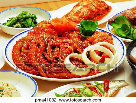 Stock Image - steamed seasoning octopus, steamed octopus, side dish, indoor, cook, cooking. Fotosearch