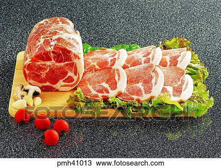 Stock Image - meat dish, freezing meat, pork, Korean style bacon, Samgyupsal, indoor. Fotosearch