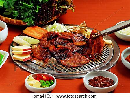 Stock Image - meat, Galbi, pork, vegetables, Korean food, food. Fotosearch